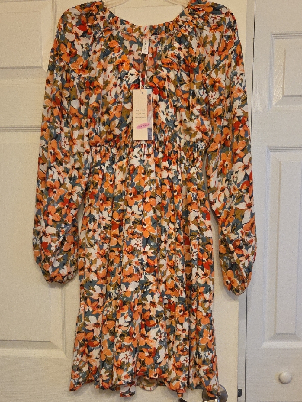 Floral Long Sleeve Smocked Waist Dress - Orange Multi